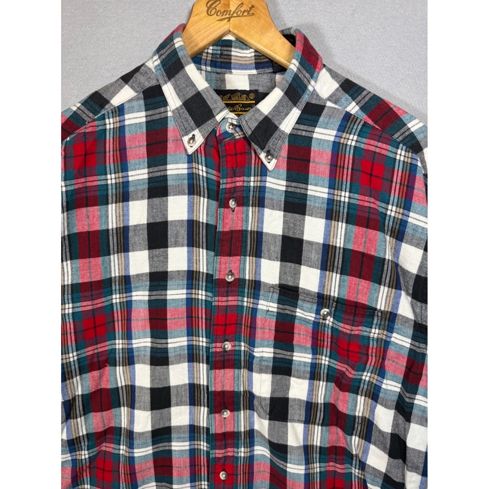 Vintage Eddie Bauer Mens L Plaid Flannel Shirt Red Blue Cotton Button Down Soft